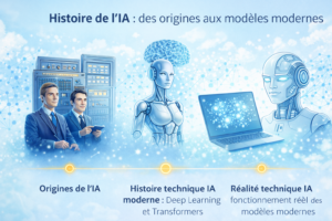 Illustration histoire de l’intelligence artificielle : origines, évolution technique et fonctionnement des modèles IA modernes