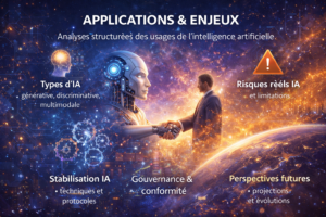 Les applications de l’intelligence artificielle couvrent plusieurs dimensions : types d’IA, techniques de stabilisation, risques réels, conformité réglementaire et perspectives d’évolution à moyen terme.