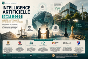 Infographie Intelligence Artificielle Mars 2026 – agents, souveraineté et tensions géopolitiques — News IA Watshmi