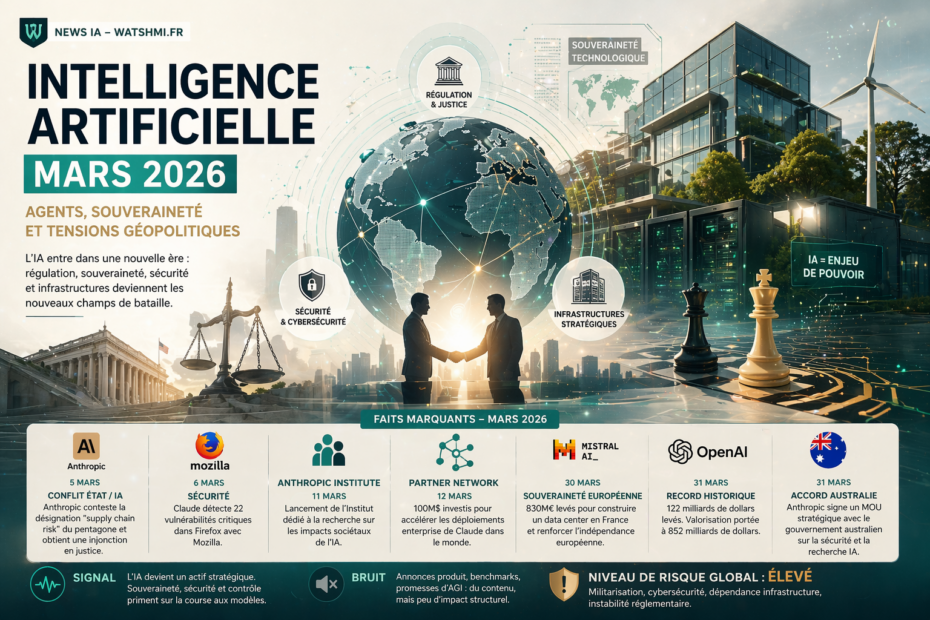 Intelligence Artificielle — Mars 2026 : Agents, souveraineté et tensions géopolitiques Infographie Intelligence Artificielle Mars 2026 – agents, souveraineté et tensions géopolitiques — News IA Watshmi